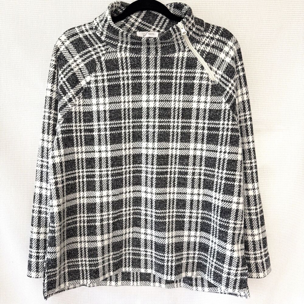 T By Talbots Sweater Black + White Plaid Knit Zip Mock Neck Tunic Pullover - L